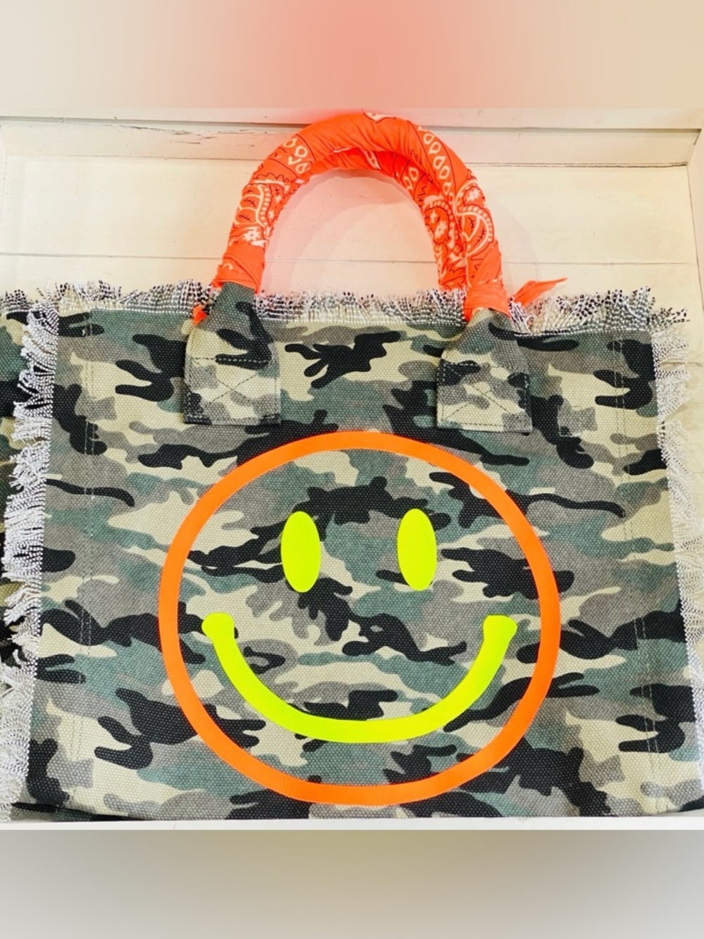Camo Smiley Kids Tote Bag with Neon Orange Trim